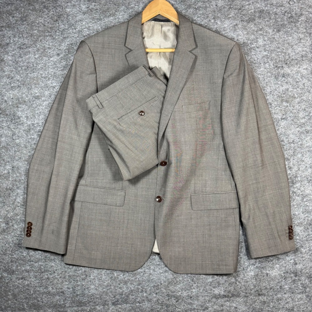 Hugo Boss 2 Piece Suit Mens 44S Brown Micro Check Super 100 Virgin Wool 38x30